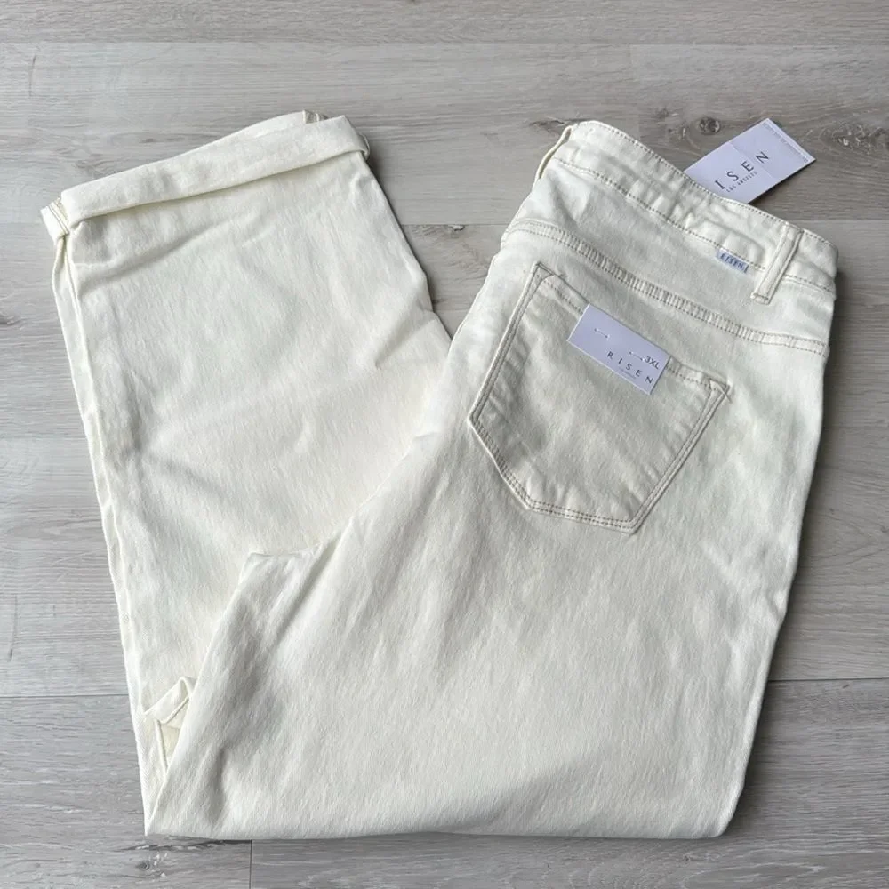 RISEN JEANS‎ CREAM HIGH RISE WIDE LEG CUFF size 3 XL nwt